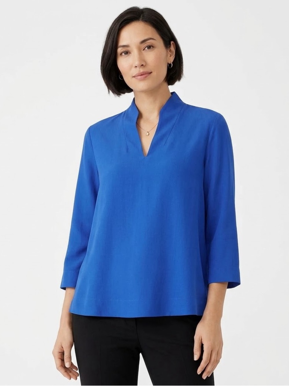 Eileen Fisher Silk Cobalt Blue Trapeze Blouse Minimalist Quiet Luxury Feminine